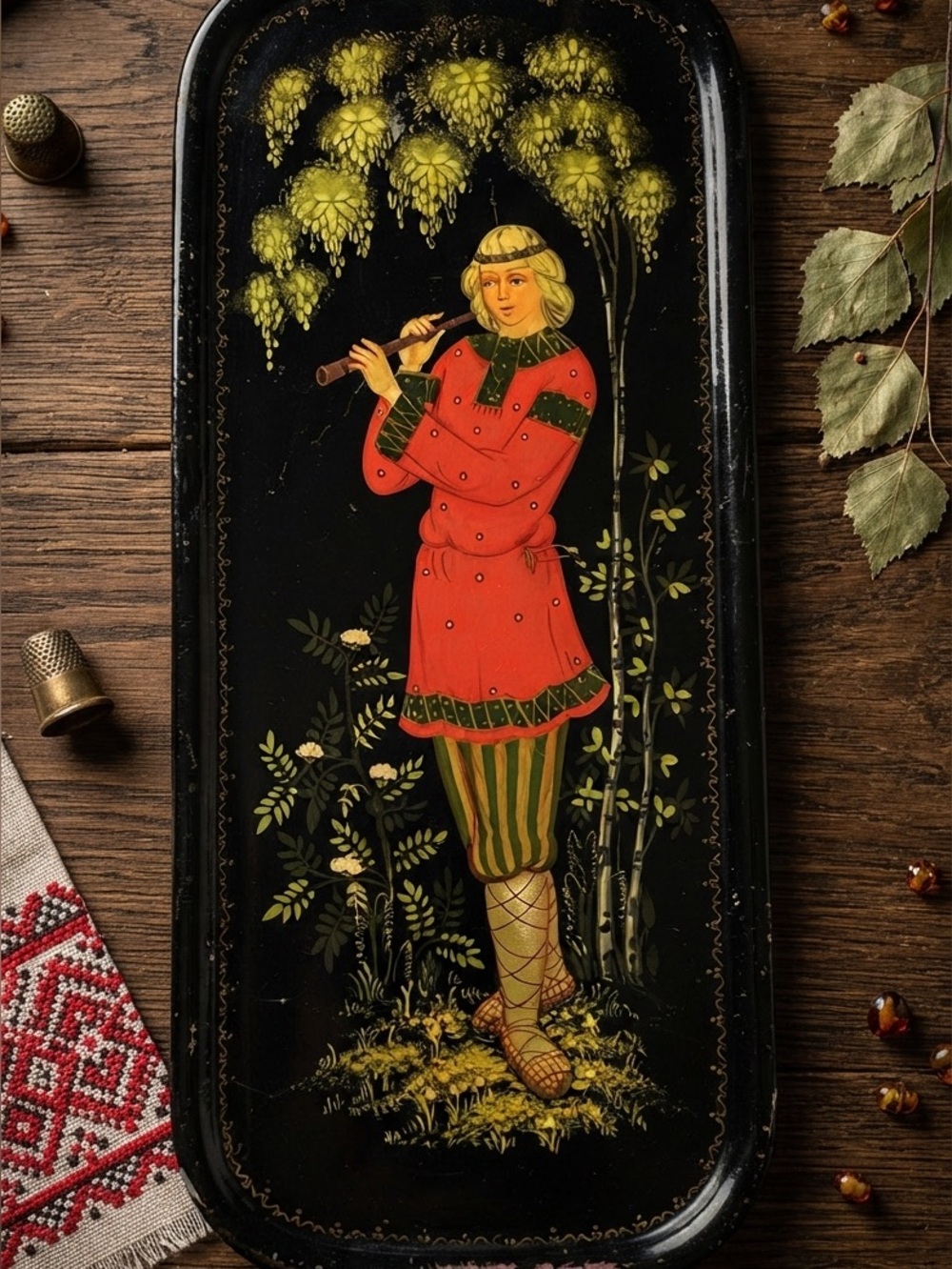 Vintage, hand-painted Russian metal tray or wall plaque, Zhostovo folk art.